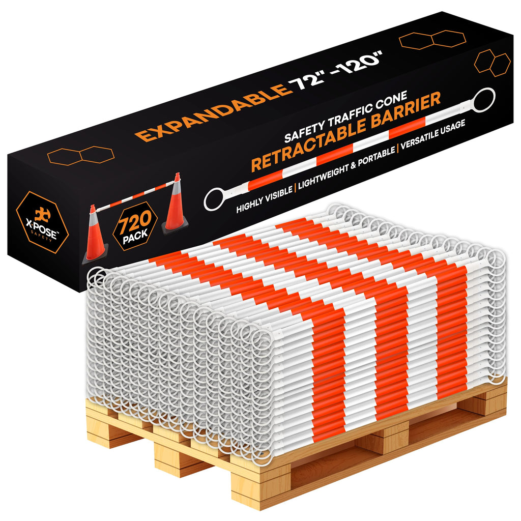 Retractable Barrier for Safety Traffic Cones - 2" OD - Large Yellow and Black Bar Barricade - for Road Construction, Parking, Warning, Temporary Security Divider (40, Orange & White, 72" x 120")