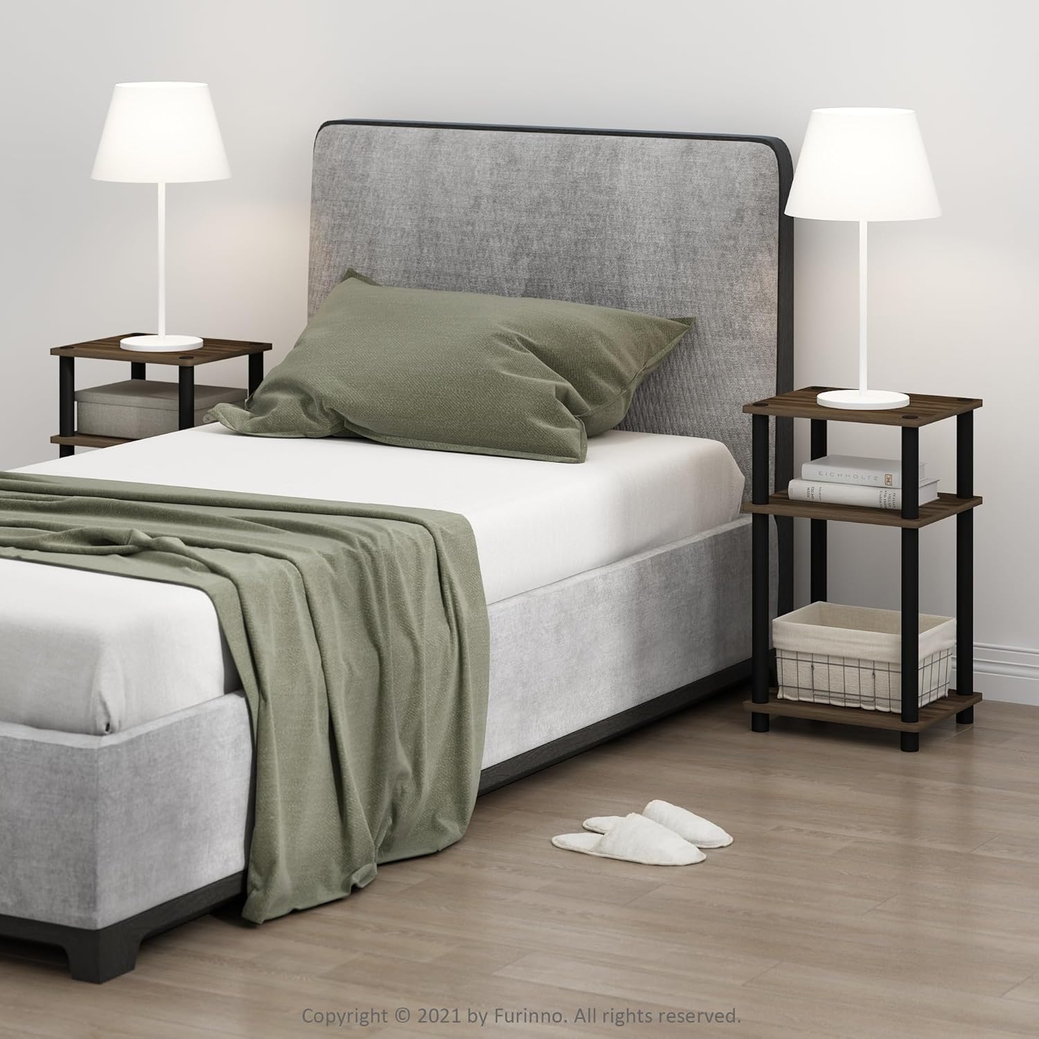 Furinno Just 3-Tier Turn-N-Tube Nightstand, 2-Pack, Columbia Walnut/Black