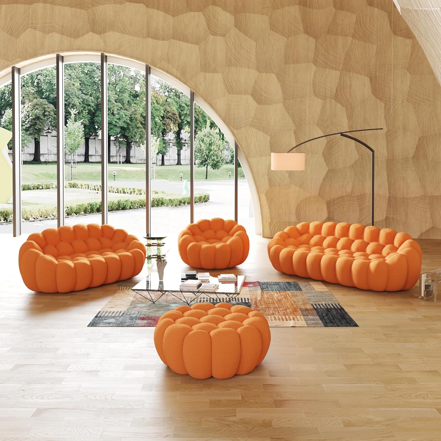 JACH Bubble Sofa Curved Couch Set, Comfy Upholstered Sofa, Mesh Fabric 3D Honeycomb Shape Modern Couches for Living Room, Apartment (Orange, 1 Seater, 2 Seater, 3 Seater, Ottoman)