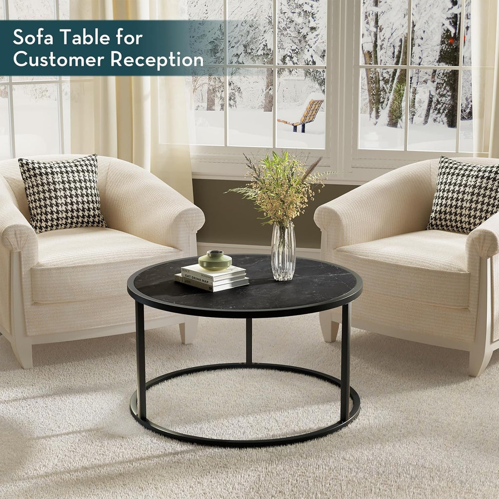 SAYGOER Black Coffee Table Round Marble CoffeeTables for Living Room Modern Small Center Table with Metal Frame, 27.6 * 27.6 * 17.7, Faux Marble
