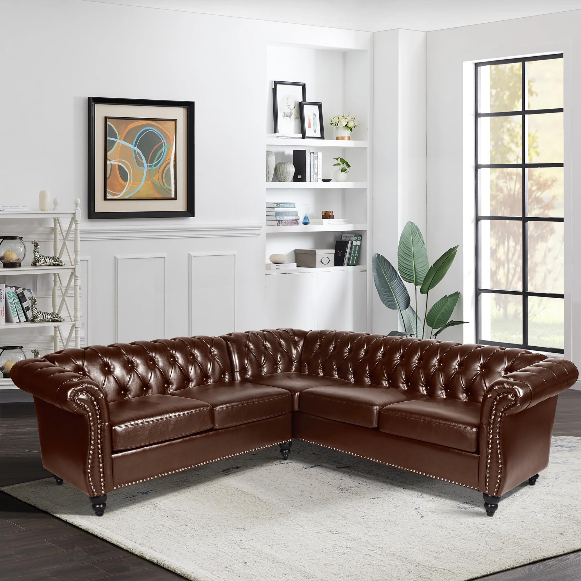 L Shaped Small Sectional Sofa, Chesterfield Leather Couch Tufted Accent Sofa with Scroll Arms and Nailhead for Living Room, Office