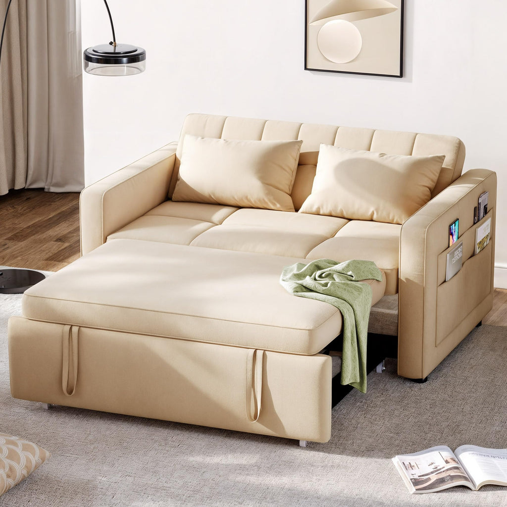DWVO 3-in-1 Convertible Sofa Bed, 55" Sleeper Sofa with Pull-Out Bed, Cat-Scratch-Proof Fabric Futon Couch with Adjustable Backrest and Side Pocket, Loveseat for Living Room Apartment, Beige