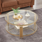 Gold Glass Coffee Table for Living Room, 36" Round Glass Coffee Table with Metal Frame, 2 Tier Circle Coffee Table for Home, Office, Apartment