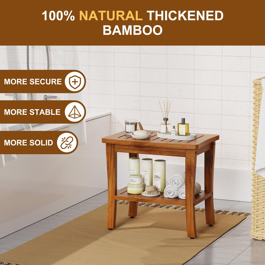 Greenual Teak Wood Shower Bench Stool with Storage Shelf, Wooden Waterproof Bathroom Spa Bathing Teak Shower Stool with Non-Slip Feet Gadget 2024 for Indoor or Outdoor Shower Chair Seat Organizer