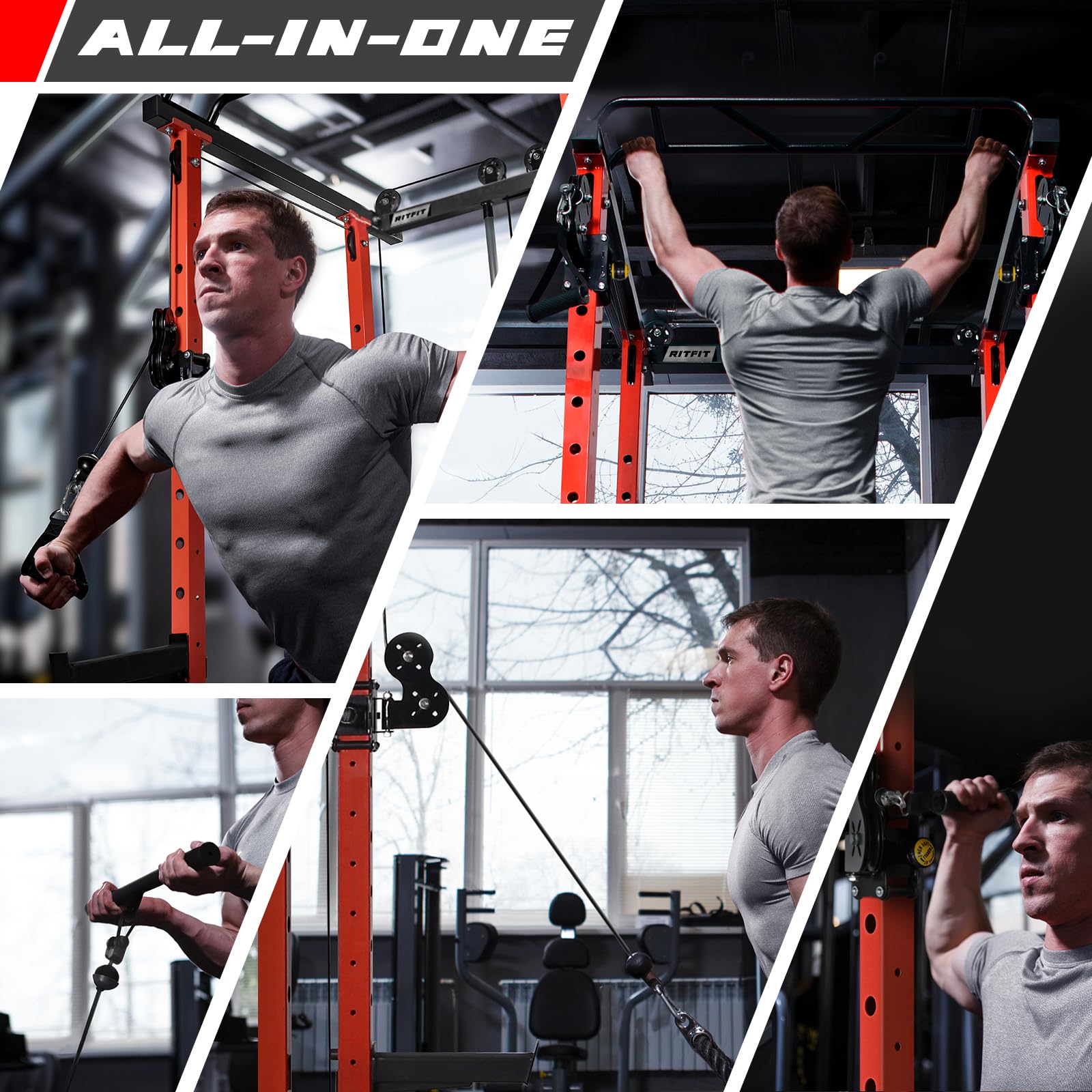 RitFit Squat Rack Power Cage Home Gym Package, Includes 1000LBS Power Rack with Cable Crossover System, Weight Bench, Weight Plate Set with Olympic Barbell (Package 1.6K (Bumper Plate 230LBS))-Orange