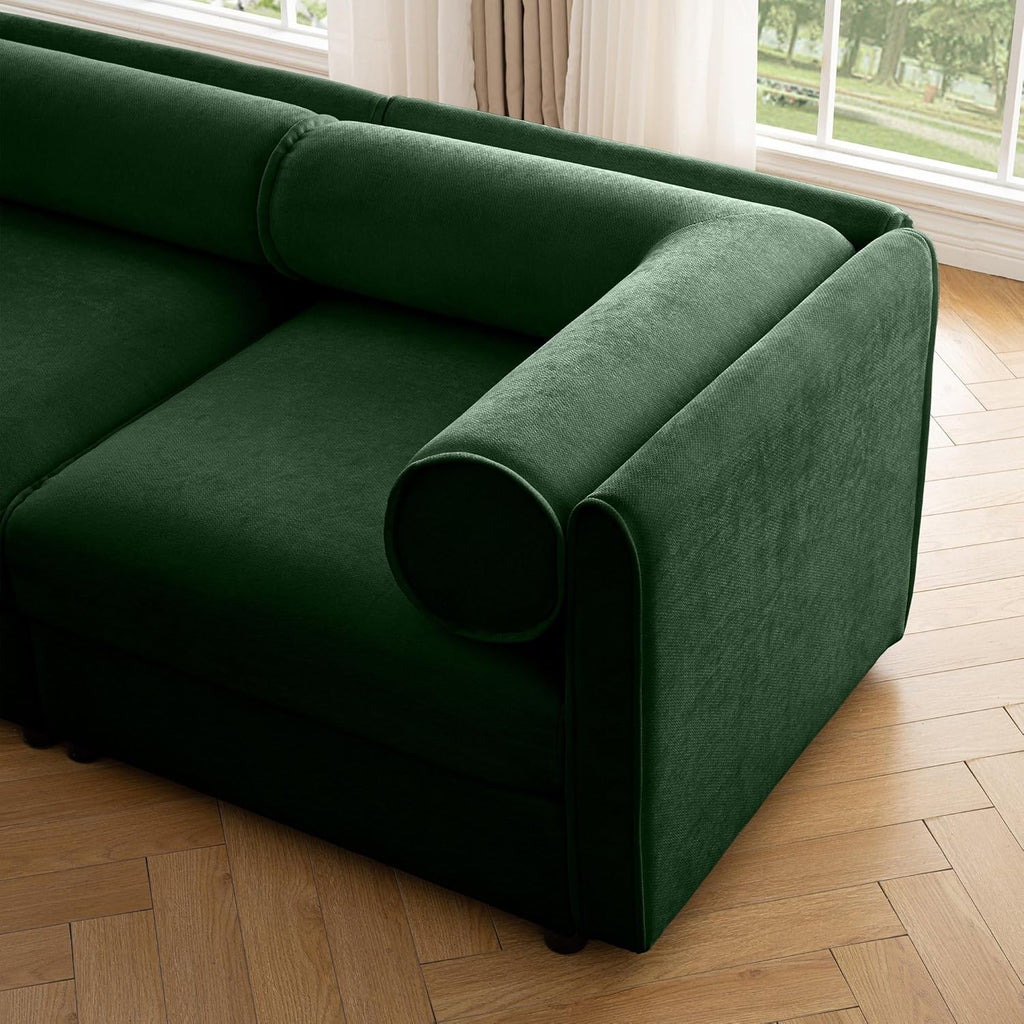 Large Sectional Couches for Living Room, Corner Couch with Storage Chenille Sectional Sofa, Cylindrical Backrest and Armrests 6 Seats,Green