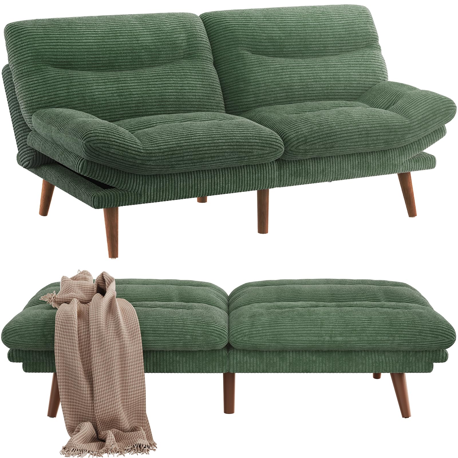 Pipishell Convertible Futon Sofa Bed,66" Corduroy Futon Couch with Adjustable Backrest and Armrests, Recliner Sleeper Sofa for Small Spaces, Play Room or Office, Grey