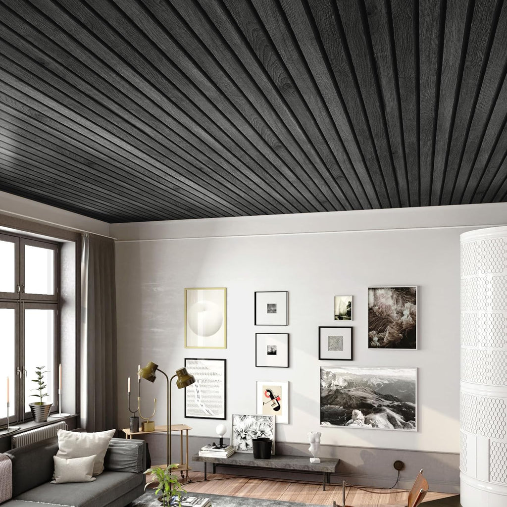 FunStick Black Slats Wood Wallpaper Peel and Stick Wood Contact Paper for Cabinets Peel & Stick Wood Slats Wallpaper for Wall Decor Waterproof Removable Wood Wallpaper for Bedroom Countertops 12"x200"