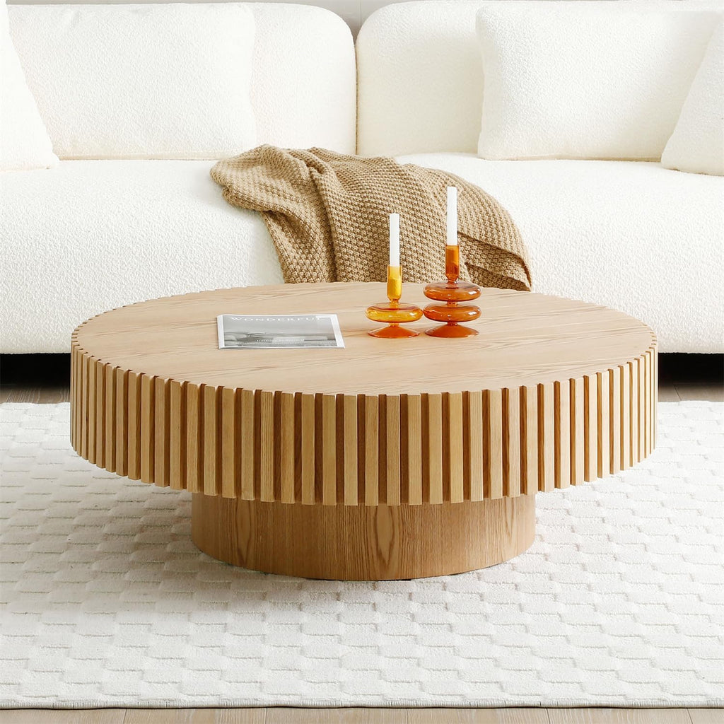 LKTART Round Coffee Table for Living Room, Accent Fluted Drum Coffee Table with Storage, Modern Solid Wood Veneered Circle Center Tea Table for Small Space Apartment (31.5''D×14''H-Natural)