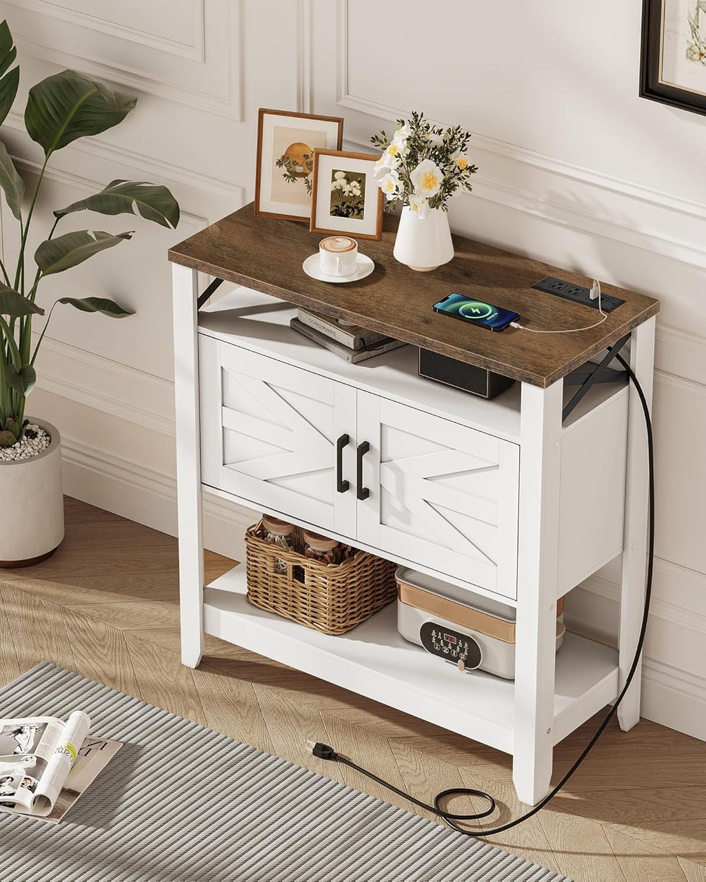 Console Table, Farmhouse Sofa Table with Power Outlet, Entryway Table with Cabinet and Open Shelves, Coffee Bar Cabinet with Storage for Entrance, Hallway, Kitchen, White and Walnut MXG01UWL