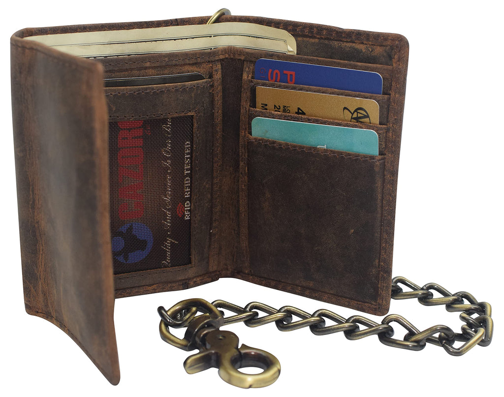 Portefeuille à chaîne pour motard en cuir vintage trifold avec blocage RFID pour homme CAZORO avec fermeture à pression (Marron)