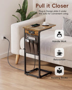 Vagusicc C Shaped End Table with Charging Station, Adjustable Height Side Table for Couch, Small Sofa Table with Storage Bag, Slide Under Sofa TV Tray Snack Arm Tables for Living Room, Bedroom, Brown