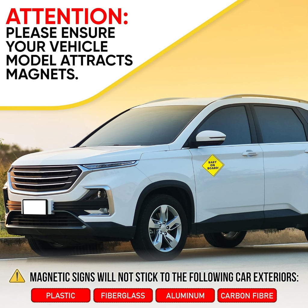 Baby On Board MAGNET Sign for Car - 2 Pack, 5" by 5" - Essential Magnetic Sticker for Bumper - Bright Yellow and Reflective - Best Safety Sign Accessories for Cars