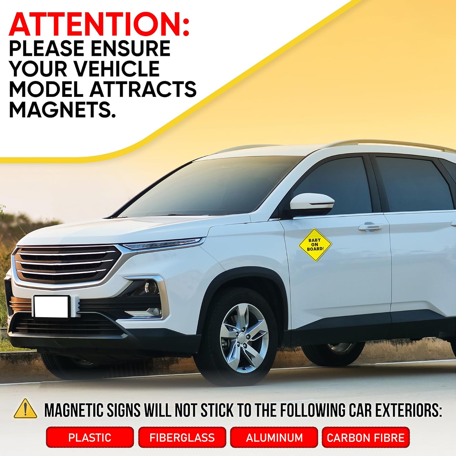 Baby On Board MAGNET Sign for Car - 2 Pack, 5" by 5" - Essential Magnetic Sticker for Bumper - Bright Yellow and Reflective - Best Safety Sign Accessories for Cars