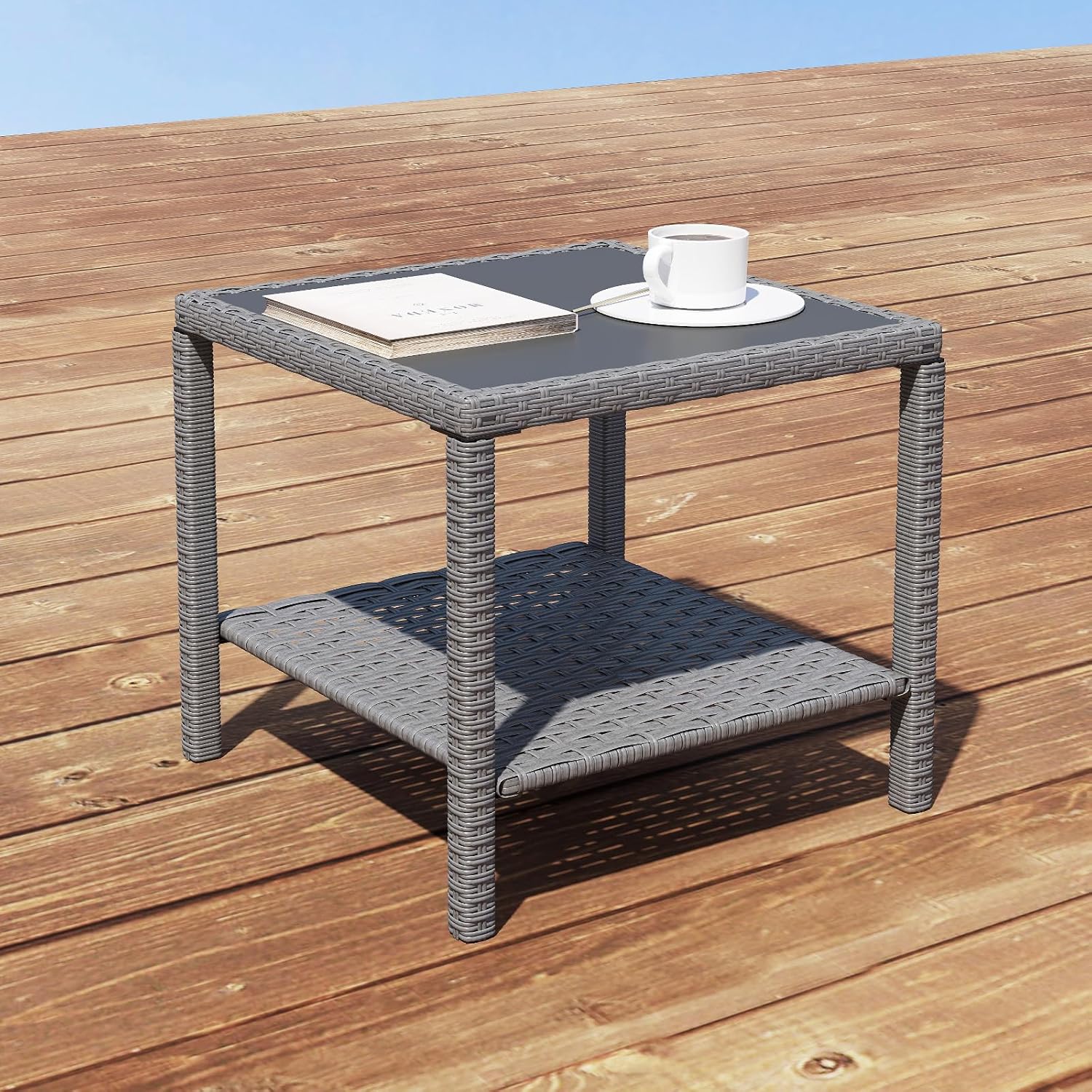 C-Hopetree Small Outdoor Coffee Side End Table for Outside Patio Storage, Gray All Weather Wicker with Glass Top, Square