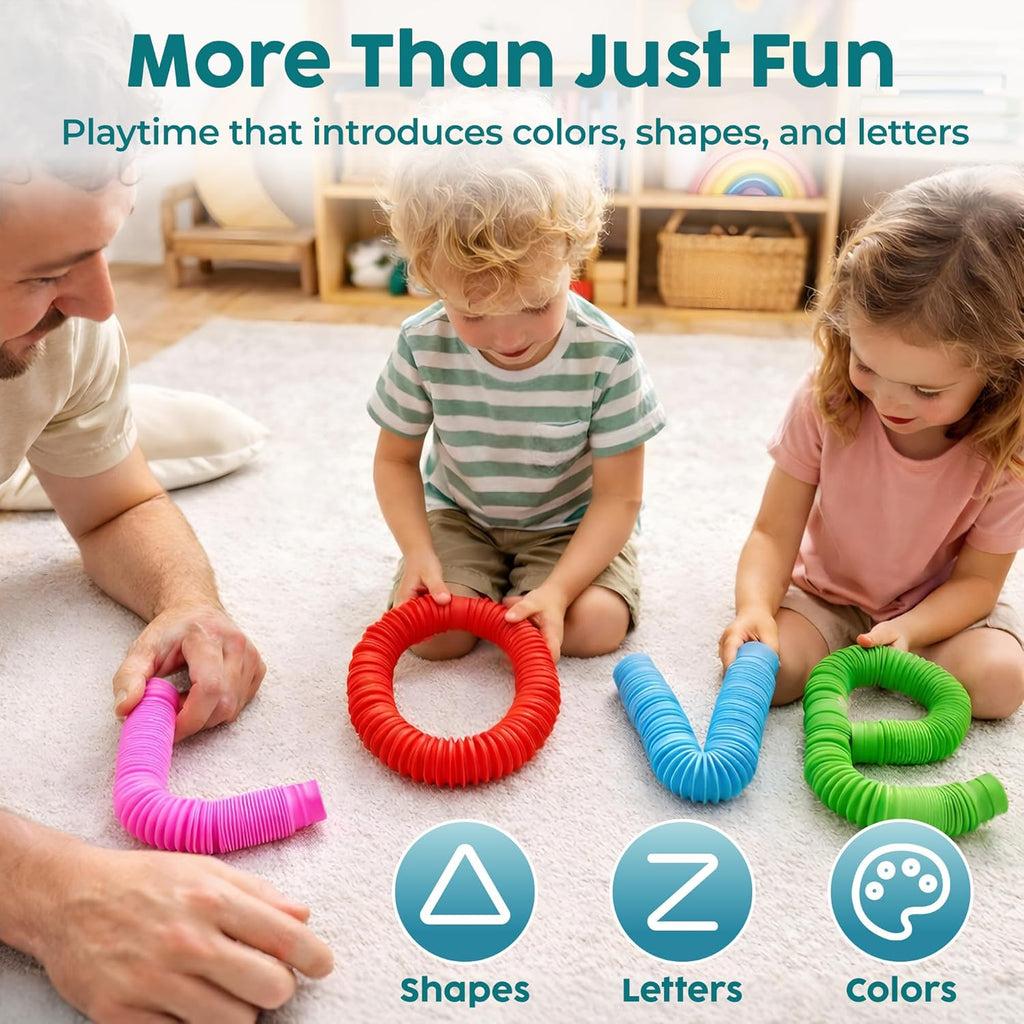 BUNMO Easter Basket Stuffers for Toddler - Pop Tubes - Sensory Fidget Toys - Creative Learning - Hours of Fun for Kids - Easter Toys - Tons of Ways to Play - Non-Mouthable 3+ - 4 Pack Large