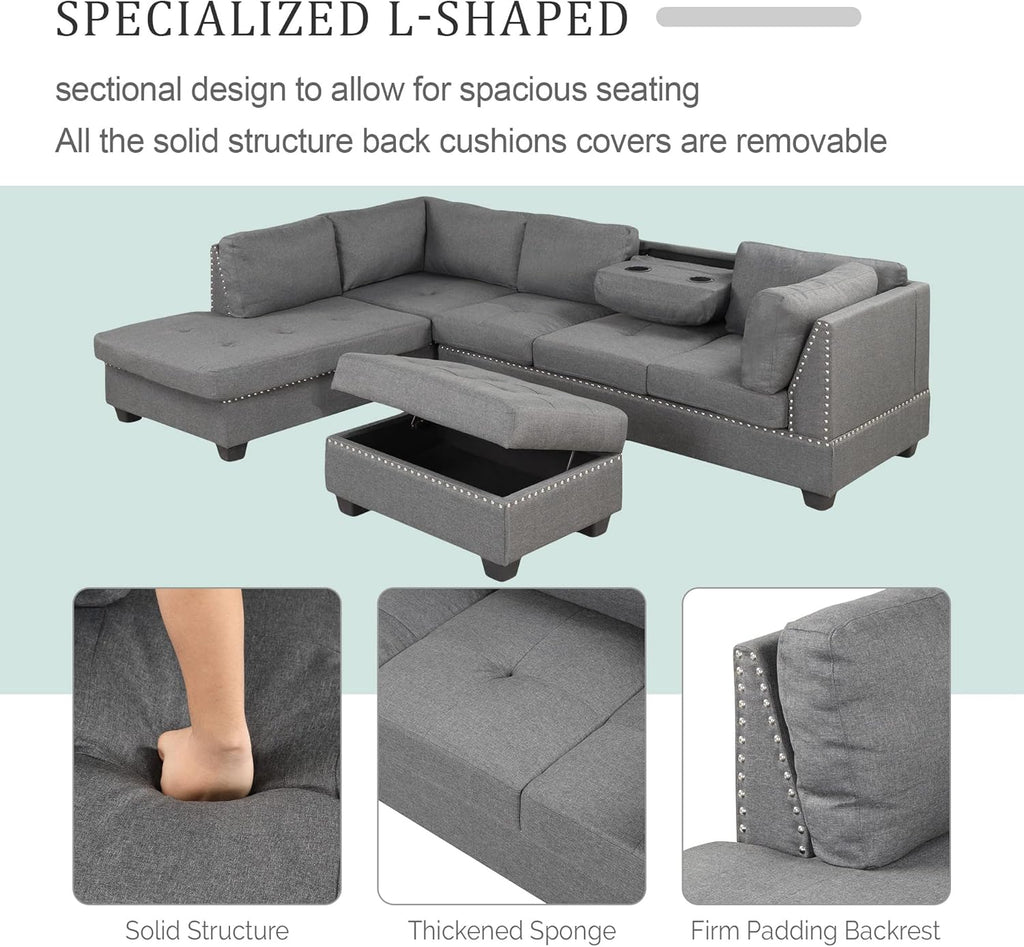 L-Shaped Oversized Reversible Sectional Sofa Couch with Drop-down Cupholders ,Modern Living Room 6 Seaters Corner Tufted Upholstered Sofa&Couch W/Reversible Chaise ,Storage Ottoman and Nailhead Decor