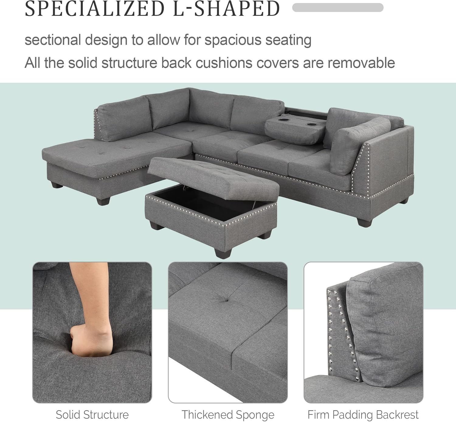 L-Shaped Oversized Reversible Sectional Sofa Couch with Drop-down Cupholders ,Modern Living Room 6 Seaters Corner Tufted Upholstered Sofa&Couch W/Reversible Chaise ,Storage Ottoman and Nailhead Decor