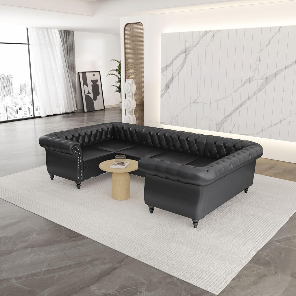 AVZEAR 3 Pieces Sectional U-Shaped Sofa, Leather Modular Sectional Couches Chesterfield Sofa Set, Modern Living Room Furniture Sets Upholstered Couch Set for Living Room, Office and Apartment, Black