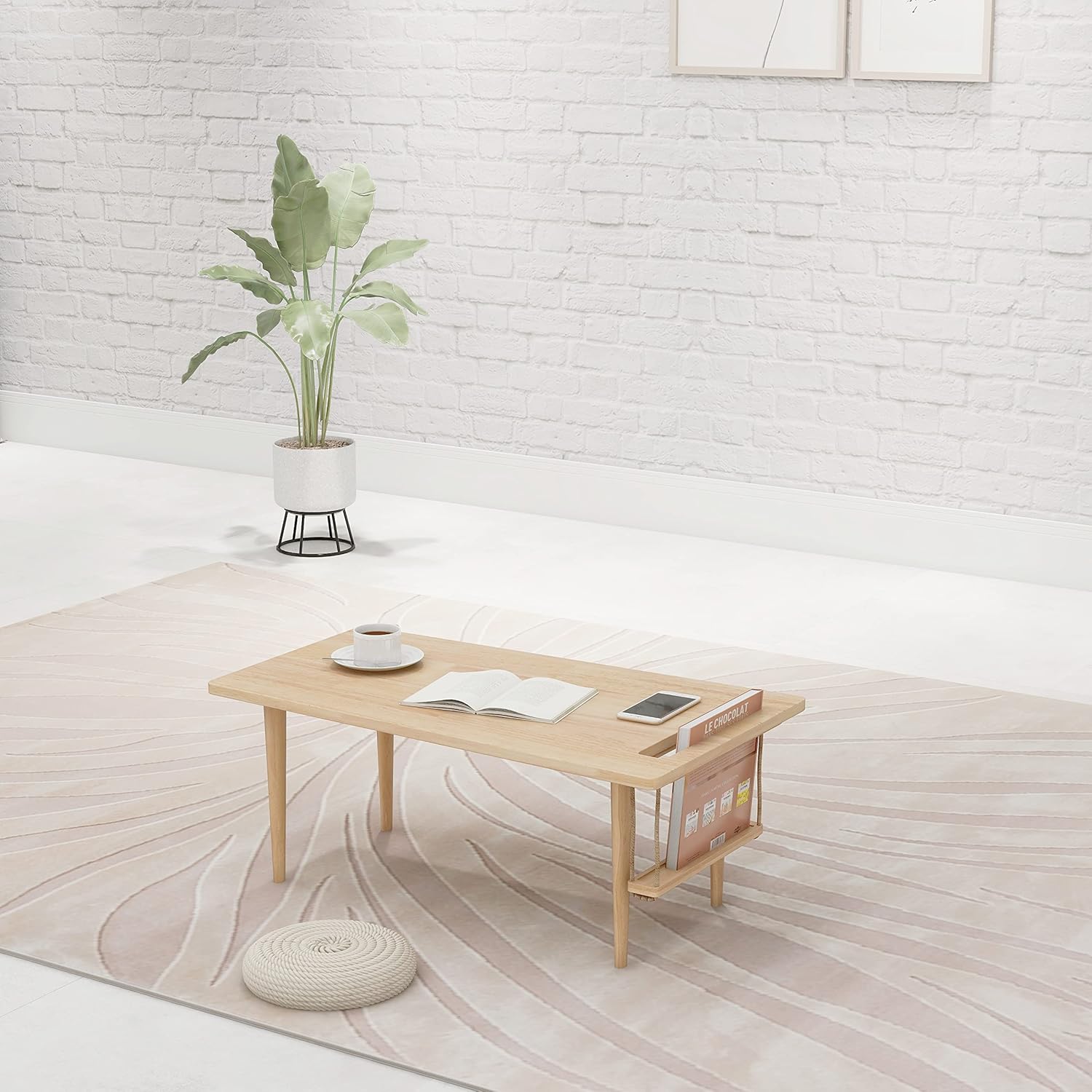 WoodShine Mid Century Modern Mini-Swing Wooden Coffee/Tea Table, Japanese Low Floor Desk, Real Solid Wood Side Tables with Storage for Home Living Room,Office,Length of 31.50 inches,Natural