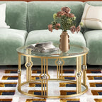 OIOG Glass Coffee Table for Living Room, Gold Coffee Table with Tempered Glass, Round Coffee Table for Office