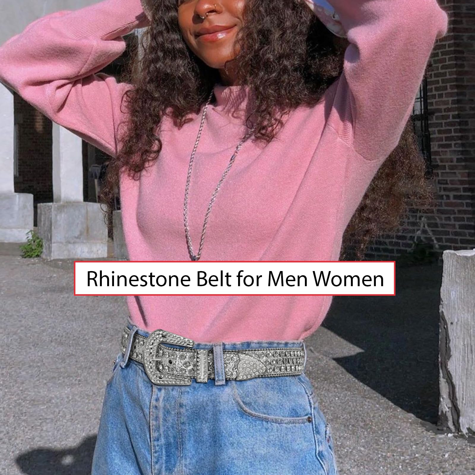 XZQTIVE Cowgirl Bling Studded Leather Belts for Jeans Pants with Rhinestone and Western Silver Buckle, Unisex(All Silver, Fit waist 30-32 inch)