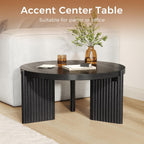 27.5" Black Round Coffee Table Modern Wooden Center Table for Small Space Living Room and Bedroom Scandinavian Minimalist Circle Fluted Tea Table with Quilted Feet Pads