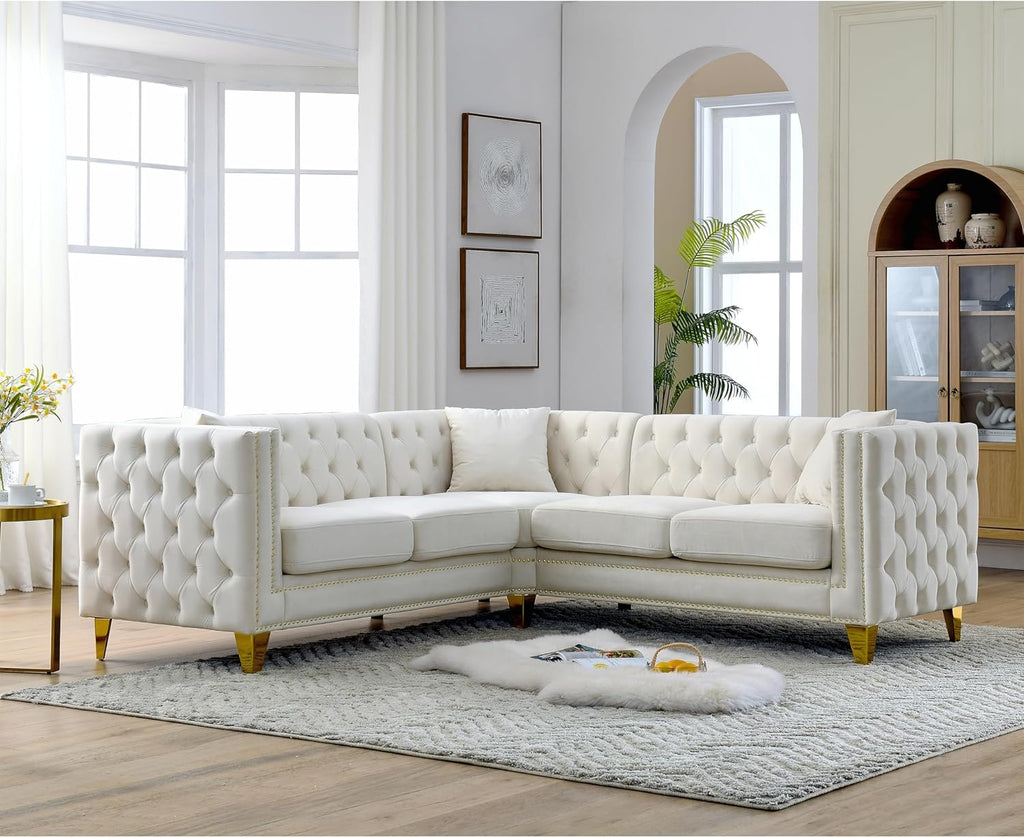 Ball & Cast 82" Velvet Corner Chesterfield Sofa, L-Shaped Sectional Couch with Nailhead Trim & 3 Cushions for Living Room, Bedroom, Apartment, Office,Beige