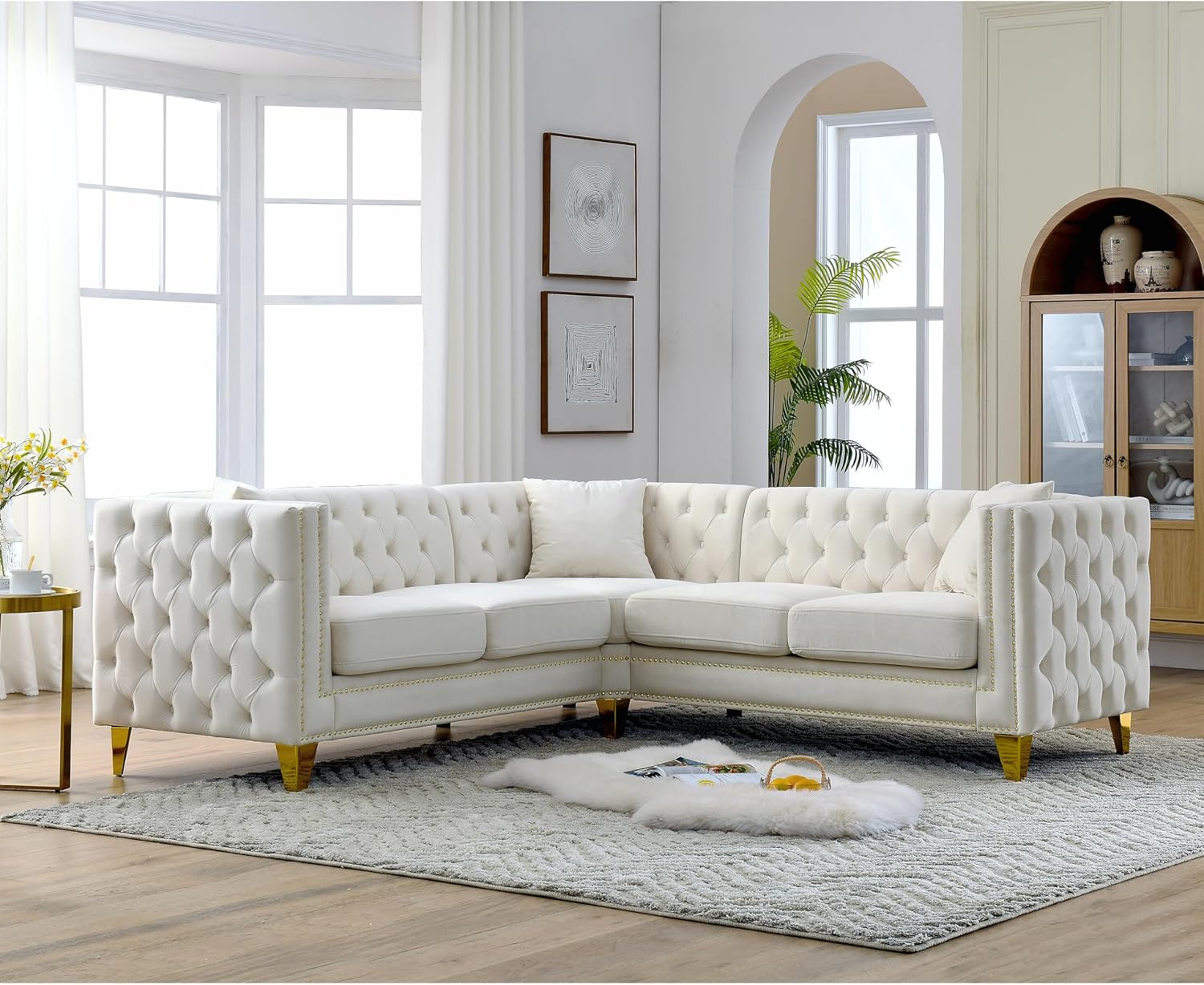 Ball & Cast 82" Velvet Corner Chesterfield Sofa, L-Shaped Sectional Couch with Nailhead Trim & 3 Cushions for Living Room, Bedroom, Apartment, Office,Beige