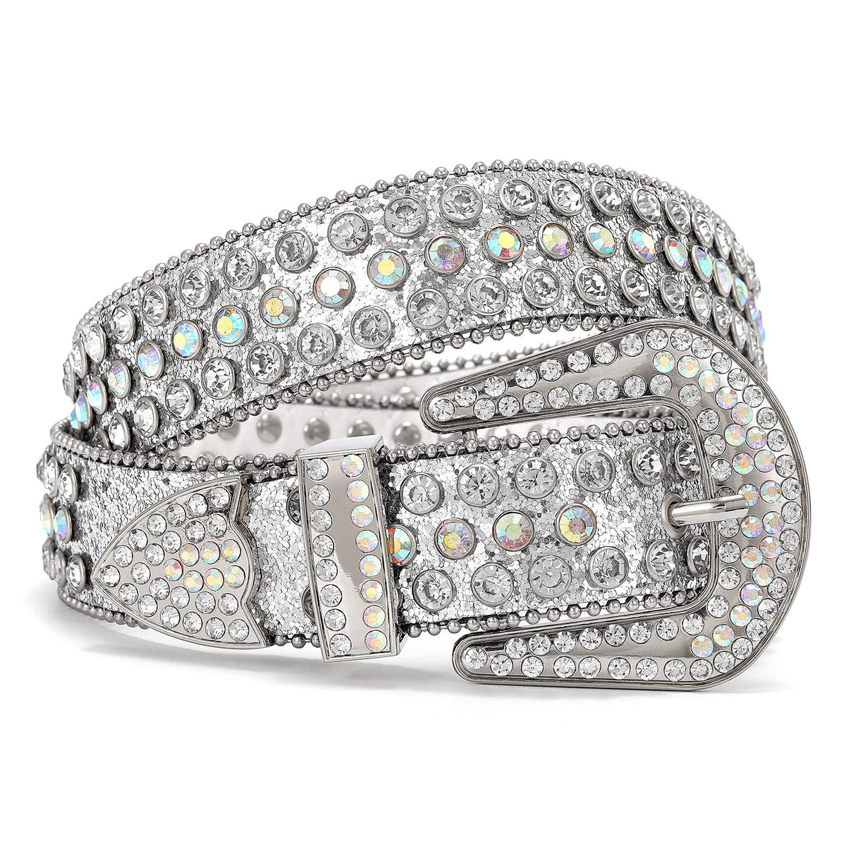 WHIPPY Women Rhinestones Leather Belts Bling Studded Western Cowgirl Waist Belt for Jeans Pants with Removable Buckle, Silver Sequin, S