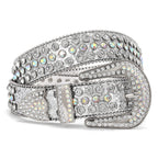 WHIPPY Women Rhinestones Leather Belts Bling Studded Western Cowgirl Waist Belt for Jeans Pants with Removable Buckle, Silver Sequin, S