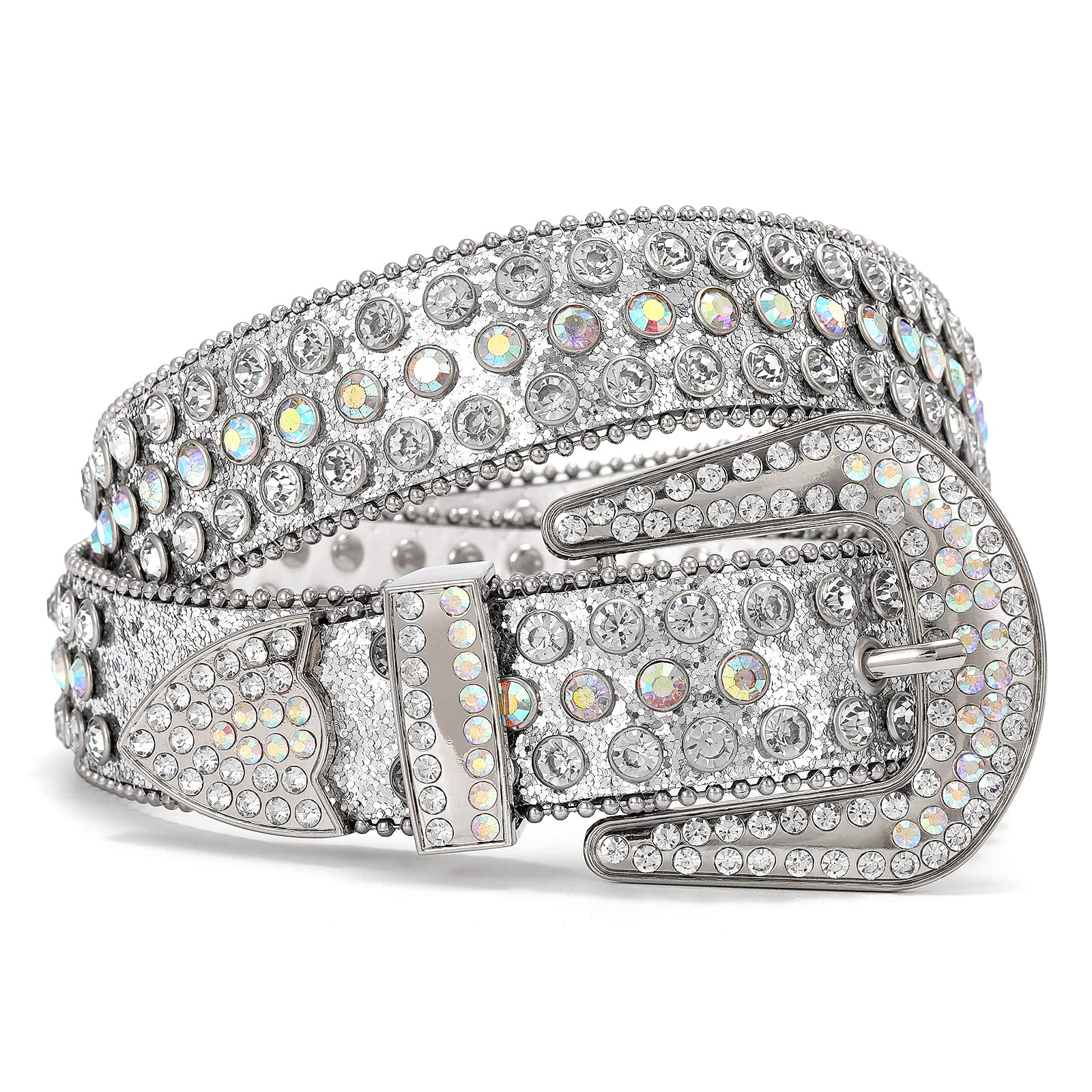 WHIPPY Women Rhinestones Leather Belts Bling Studded Western Cowgirl Waist Belt for Jeans Pants with Removable Buckle, Silver Sequin, S