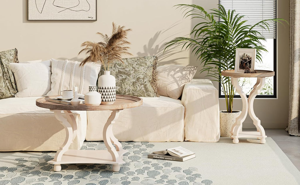 Round Farmhouse Coffee Table with Handmade Finish, Wood Tray Top Rustic Coffee Table for Added Thickness, Accent Table with Storage for Living Room, Small Place, White, Circle