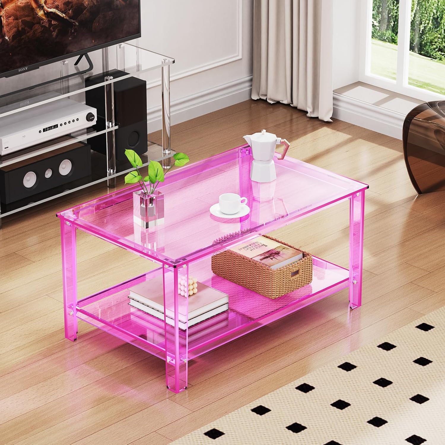 Acrylic Coffee Table with Storage Shelf,Rectangle Living Room 2-Tier Center Table for Small Spaces (Rectangle, Pink, Nomal)