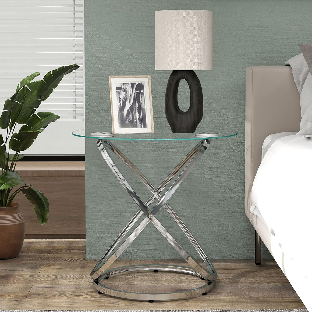 OIOG Glass Round End Table, Modern Contemporary Side Table for Small Space with Tempered Glass Tabletop for Living Room, Chrome Finish