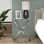 OIOG Glass Round End Table, Modern Contemporary Side Table for Small Space with Tempered Glass Tabletop for Living Room, Chrome Finish