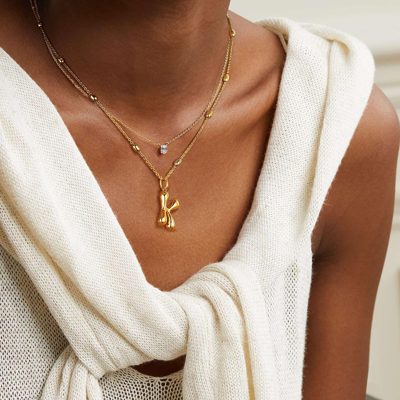 KissYan Bubble Letter Halskette, 14K vergoldet, personalisierter 3D puffiger Ballon-Anhänger mit verstellbarer Perlenkette, zierliches Schmuckgeschenk für Frauen (Gold A)