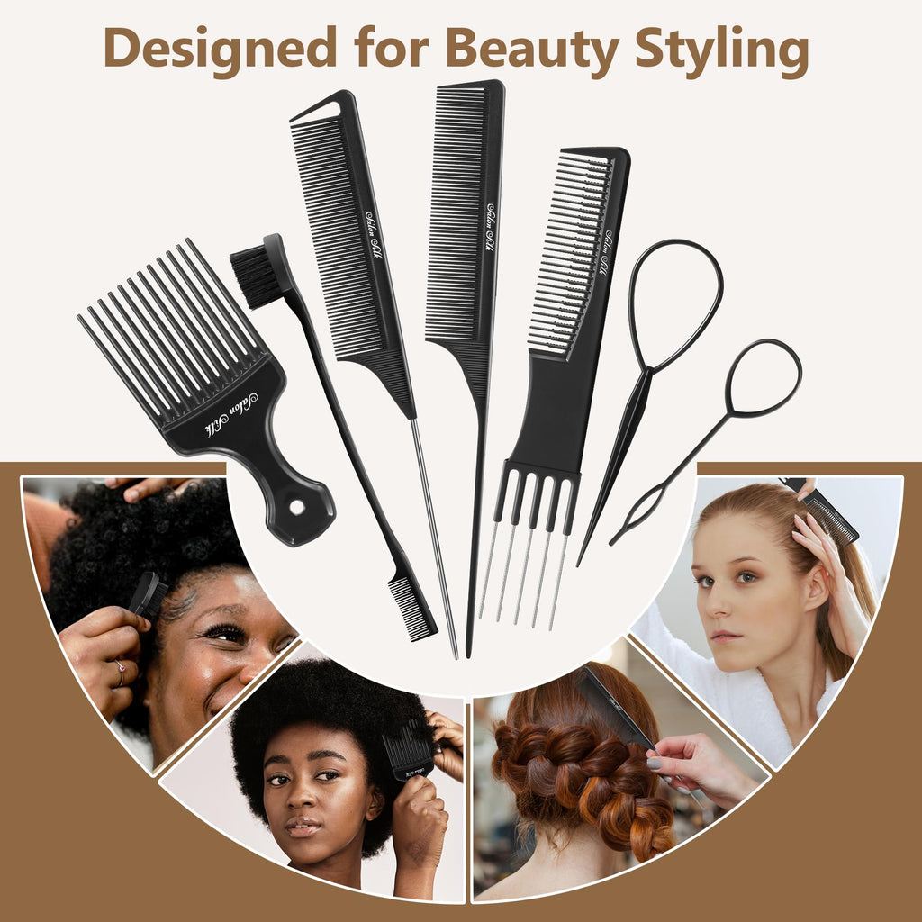 SALONSILK Women Hair Comb Set - 14PCS Wide Tooth Rat Tail Styling Combs Pick for Curly - Teasing Parting Fine Professional Barber Cutting Braiding Set