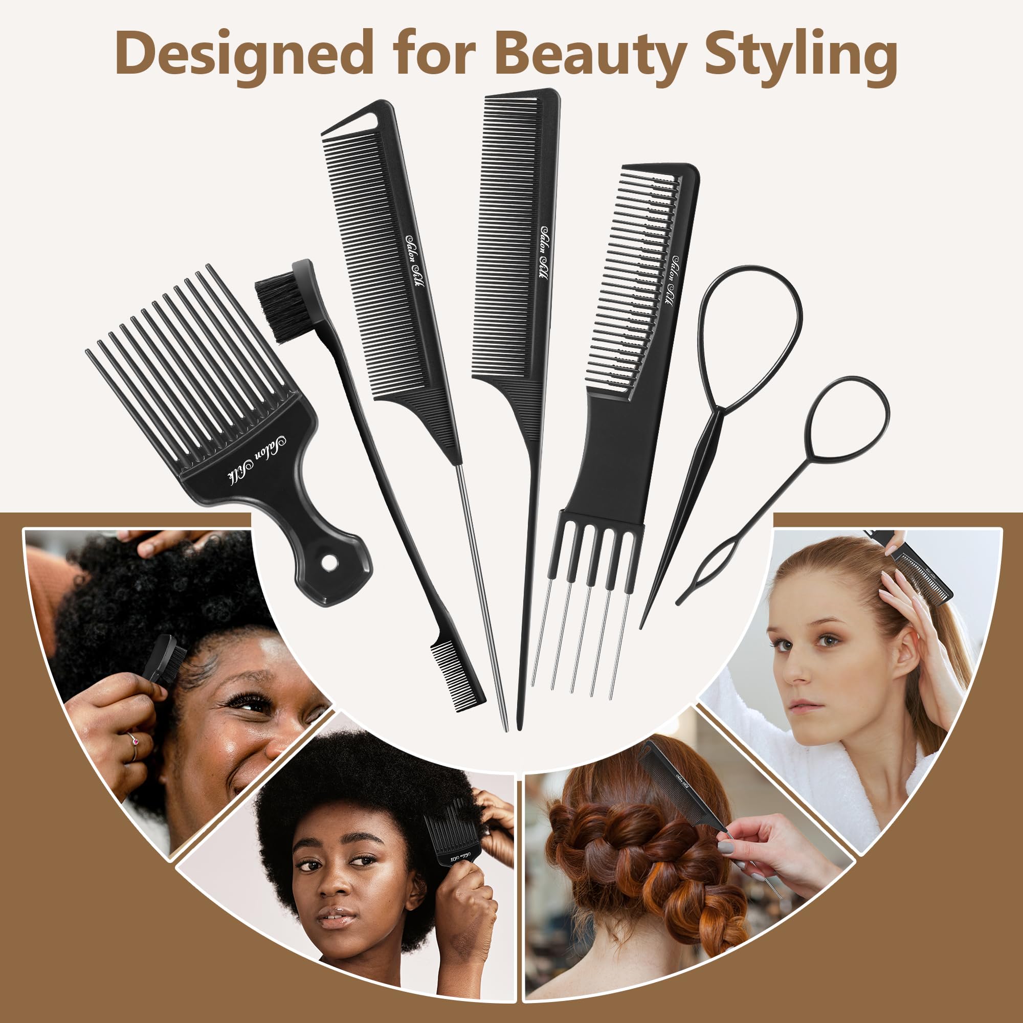 SALONSILK Women Hair Comb Set - 14PCS Wide Tooth Rat Tail Styling Combs Pick for Curly - Teasing Parting Fine Professional Barber Cutting Braiding Set