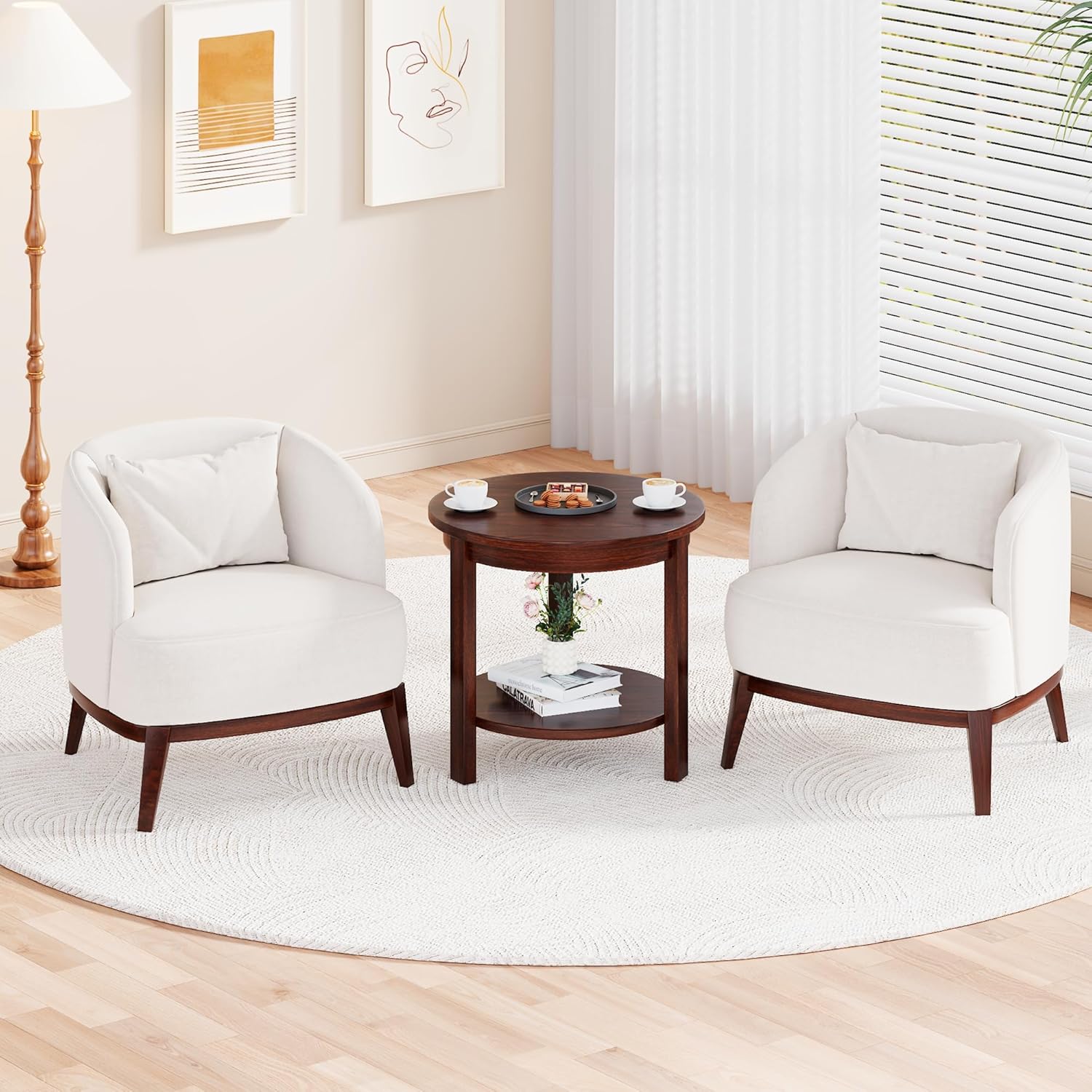 Small Round Wood Coffee Table with Storage Shelf, Living Room Side Table for Couch Sofa, 22 x 20 Inches, 5-Tier Mid Century Modern Wooden End Table for Bedroom, Walnut