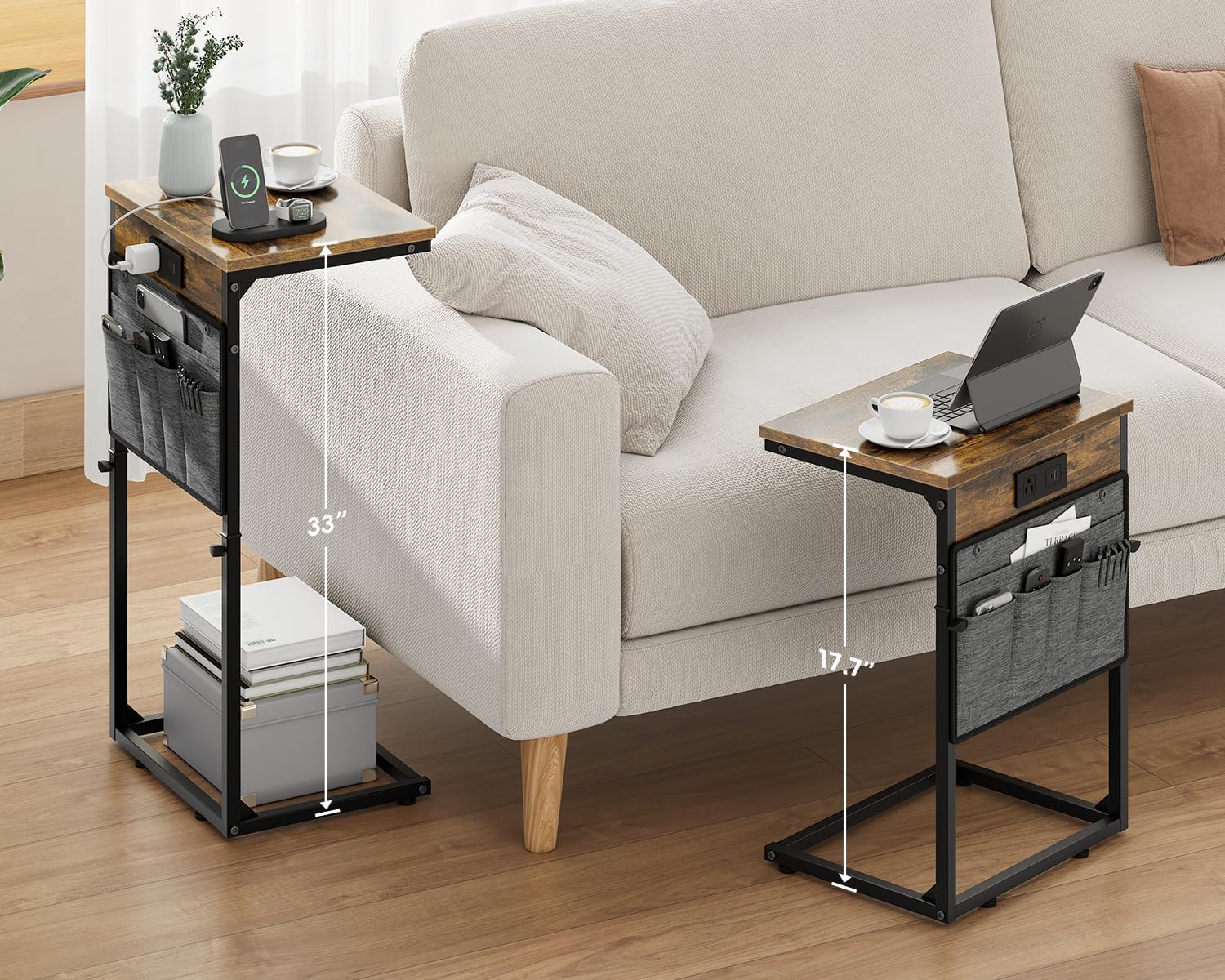 Vagusicc C Shaped End Table with Charging Station, 33" Tall Side Table for Couch, Sofa Table Adjustable Height Small Couch Side C Table, Slide Under Sofa Tray Arm Table for Living Room, Bedroom, Brown