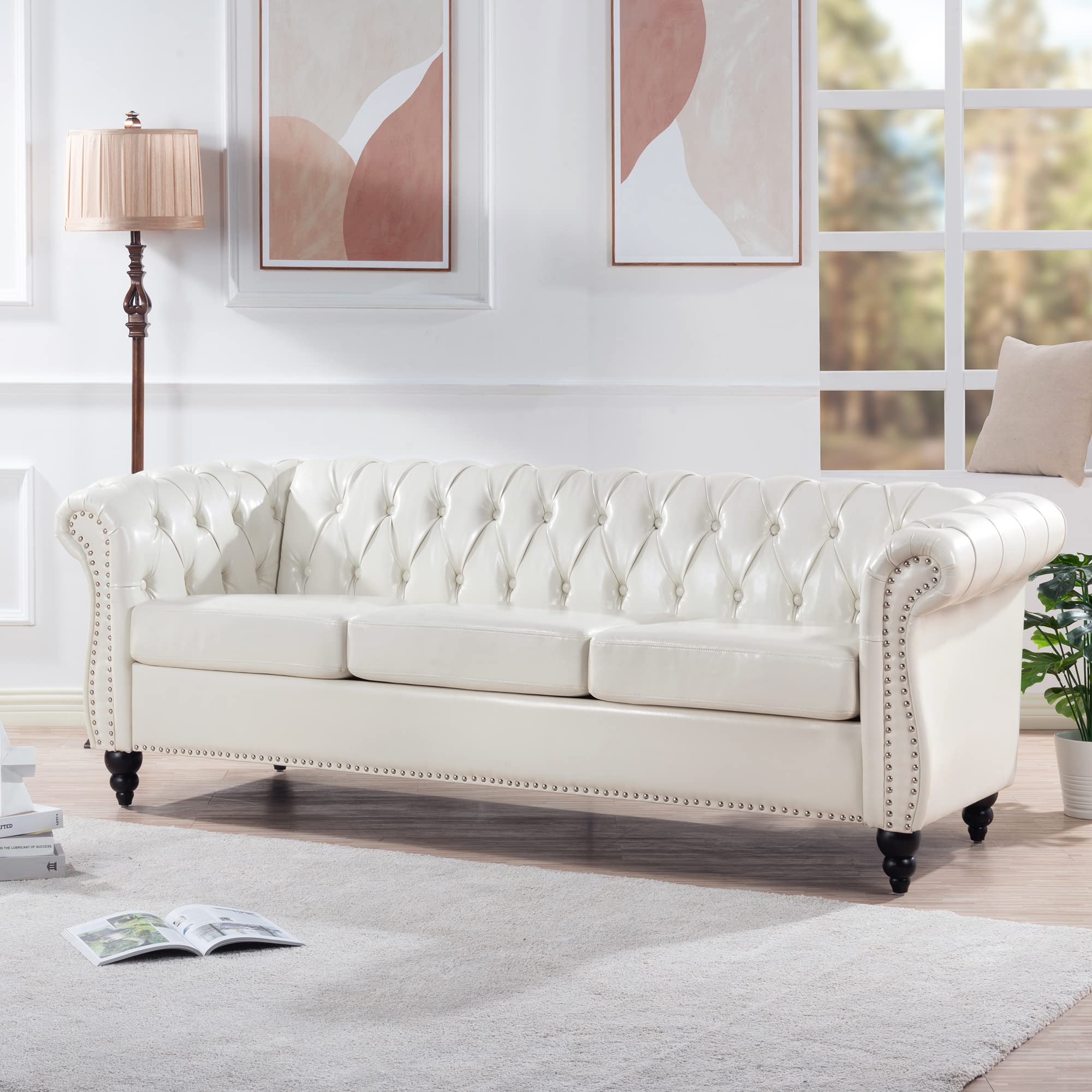 ERYE Clasic Chesterfield 3 Seaters Sofa Couch Luxury Roller Armrest,Special Soild Wood Legs, Linen Fabric Upholstered Button Tufted Sofa&Couch with Removable Cushions & Nailhead Decor