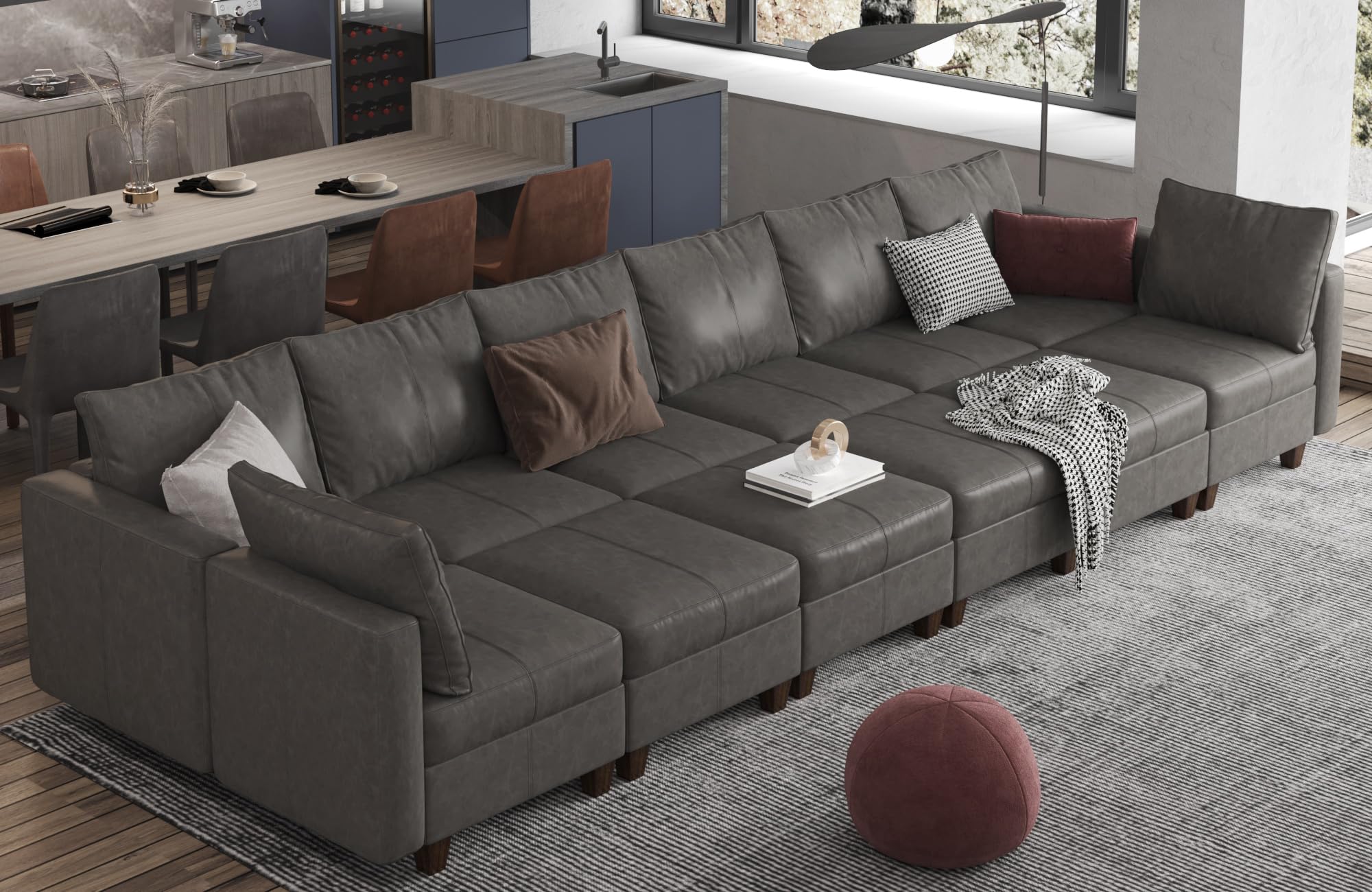 EASE MOOSE Brown Modular Sectional Couch with Storage, Faux Leather Sectional Modular Sofa or Living Room