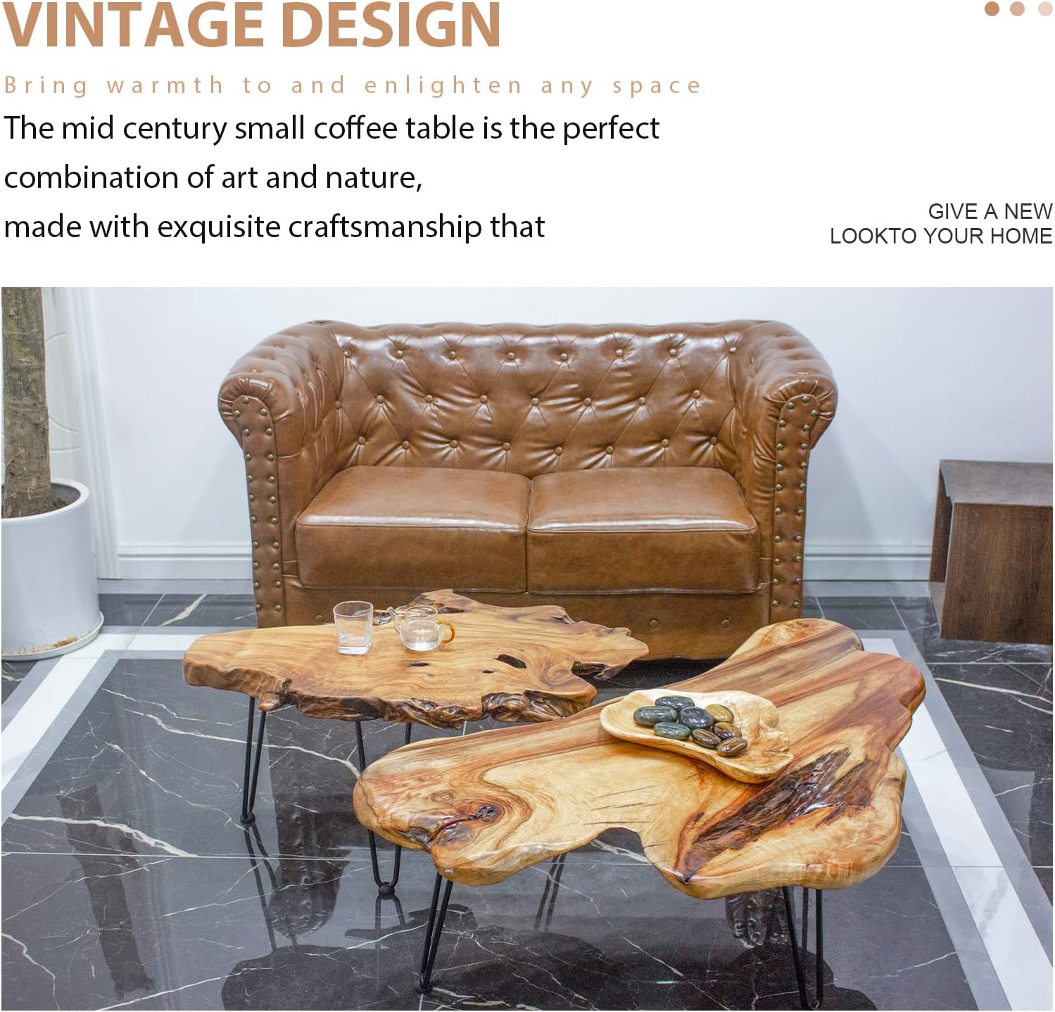 Handcrafted Edge Coffee Table | Natural Wood with Unique Organic Shape | Metal Hairpin Legs for Living Room, Side Table & Boho Decor​