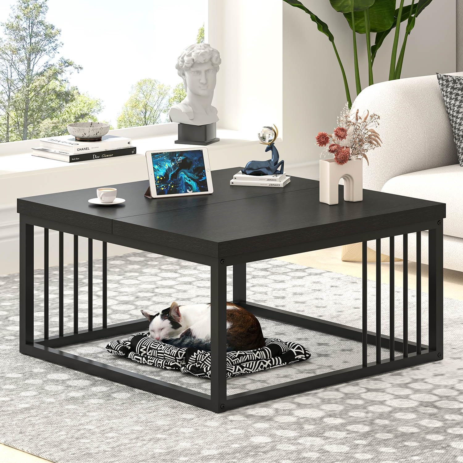 FOLUBAN Black Coffee Table, Modern Square Center Table for Living Room, Industrial Rustic Wood and Metal Cocktail Tea Table, 31.5 Inch