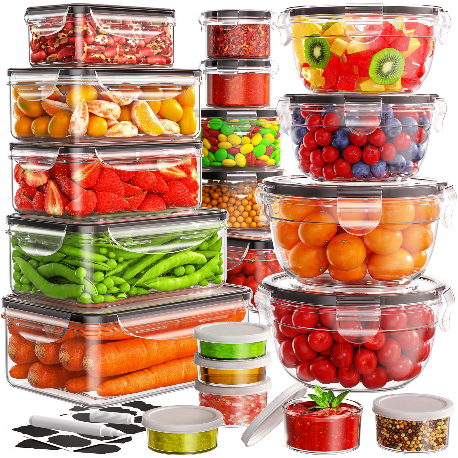 34 PCS Food Storage Containers Set with Airtight Lids (17 Lids &17 Containers) - BPA-Free Plastic Food Container for Kitchen Storage Organization, Fruit Meal-prep Containers with Labels & Marker