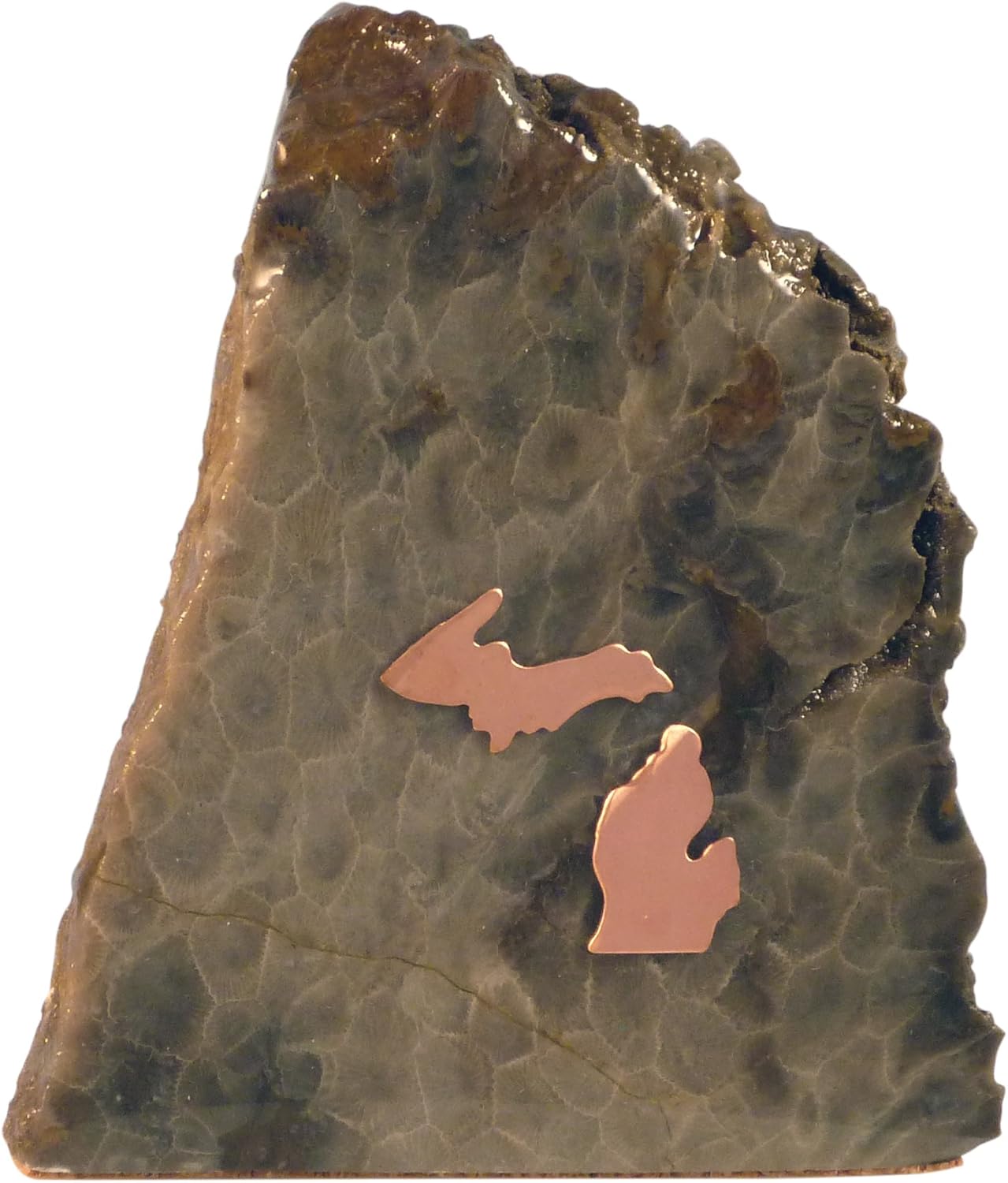 Hand Crafted Petoskey Stone (Small) Decorated with Michigan Copper. Michigan State Stones Great for Office Table or Desk Decor - Medium (Small)