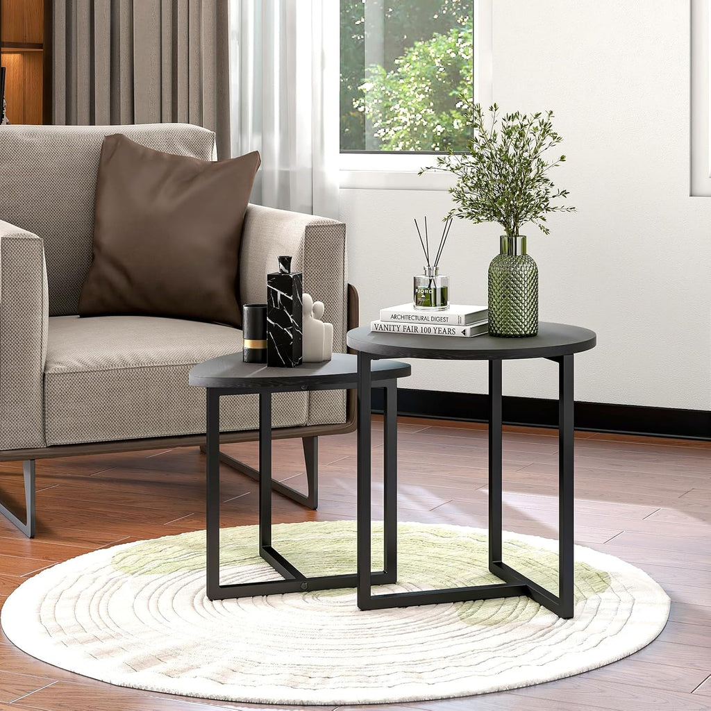 HOJINLINERO Coffee Table Side Tables End Tables Living Room Set of 2,Round Coffee Table Small Coffee Table Decor for Bedroom,Modern & Sturdy Metal Frame & Wood Top,Easy Assembly,Black Coffee Table