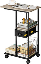 Rolling C Shaped Side Table with Storage Drawer, Ivory Portable Desk on Wheels, Bedside Table for Sofa Couch & Bed, Small Overbed Laptop Desk, Mobile Coffee End Table for Bedroom Living Room Dorm