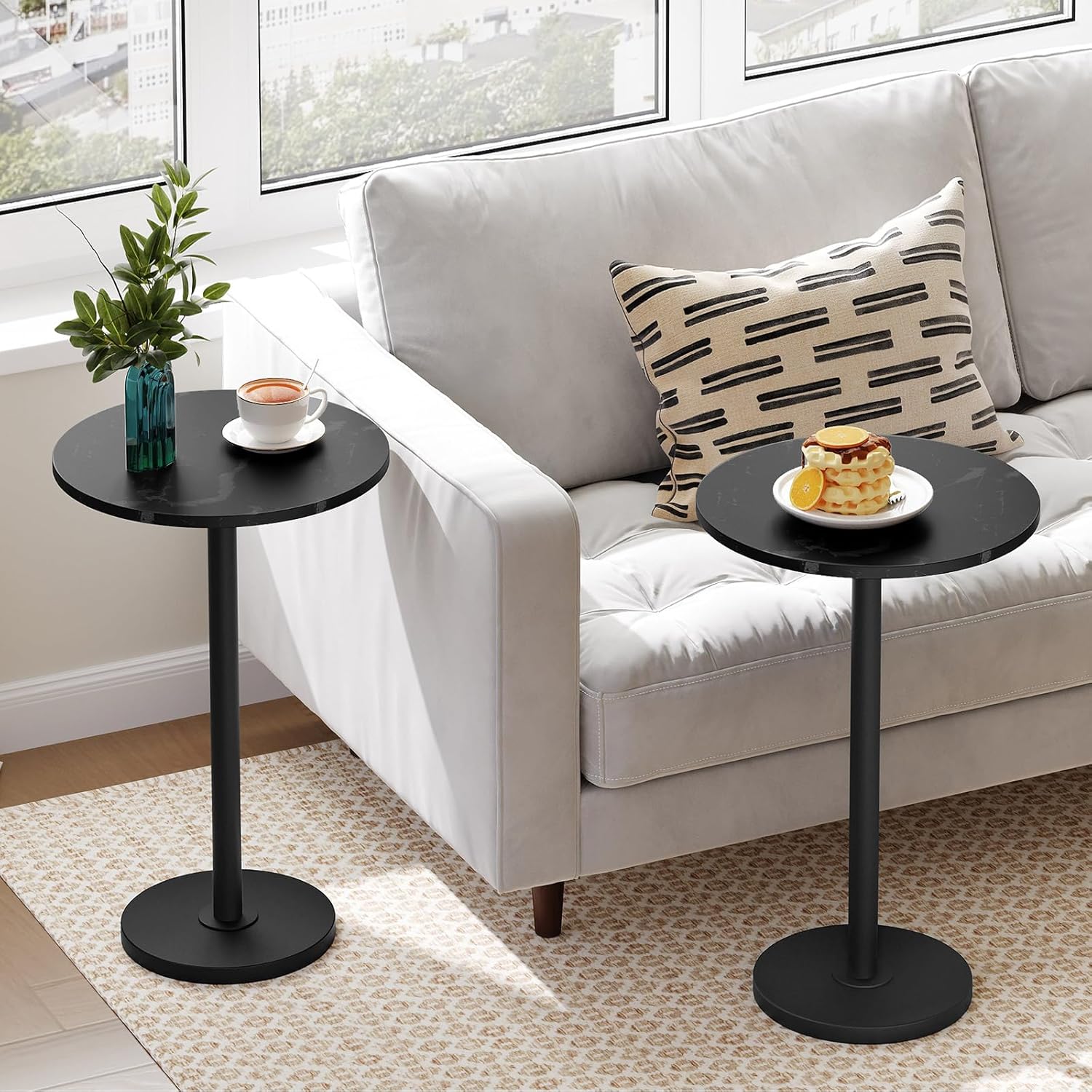 Round Side Table, Tall Drink End Table for Small Spaces, Pedestal Style Martini Side Table in Living Room, Bedroom, Dormitory, Marble Black and Black ET30BM
